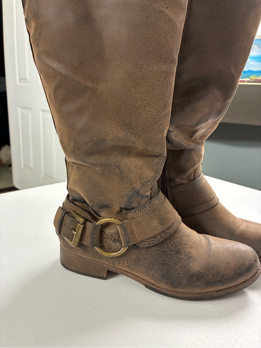 Bass Women's Brown Leather Mid-Calf Riding Boots with Buckle Detail